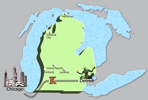 Map of Michigan showing Kalamazoo, Chicago, Detroit, Holland, Grand Rapids, Lansing, Traverse City, and Mackinac