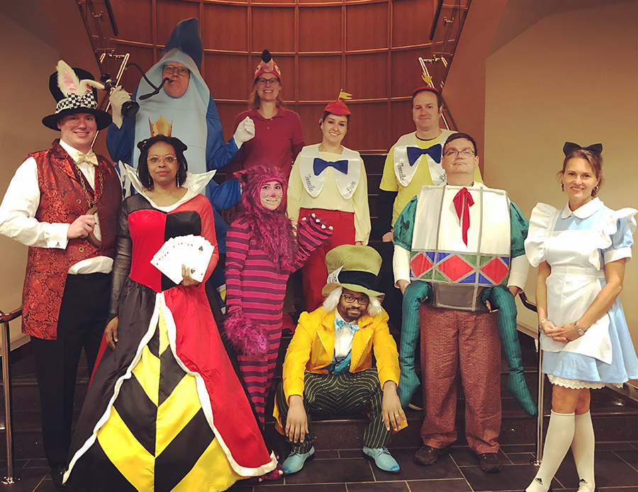 Chemistry faculty in Alice in Wonderland Halloween costumes