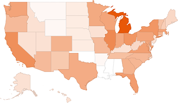 A map of the United States with states shaded in varying intensities of orange