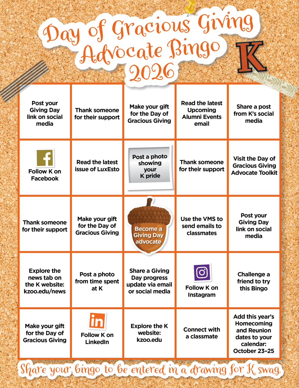 Day of Gracious Giving Advocate bingo card 2026 with note, "share your bingo to be entered in a drawing for K swag."