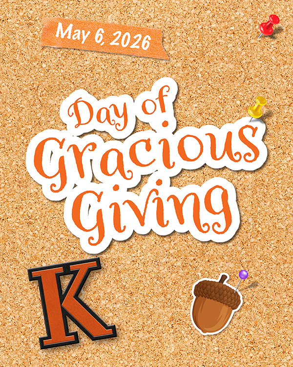 A promotional graphic for Kalamazoo College on a corkboard background. At the top, an orange piece of tape displays the date May 6, 2026. The center features the stylized orange and white text Day of Gracious Giving pinned with a yellow thumbtack. The bottom shows a large orange and black K logo alongside an illustration of an acorn pinned with a purple thumbtack. A red thumbtack is visible in the upper right corner.