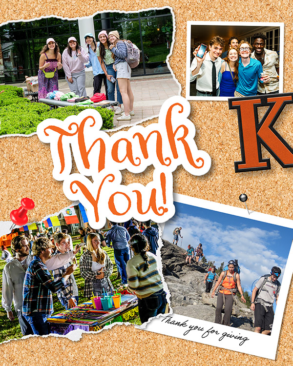 A "Thank You" promotional graphic for Kalamazoo College on a corkboard background. Centered is the large, stylized orange and white text Thank You! surrounded by four color photographs of students engaged in various activities: five students standing by an outdoor bench, a small group of friends smiling indoors, students gathered at a colorful outdoor event, and a group hiking up a rocky mountain trail. The hiking photo is a Polaroid-style shot pinned with a silver pin and includes the handwritten script Thank you for giving at the bottom. A large orange and black K logo is visible on the right side.