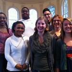 2013 WQ1 How we eat photo “Everyone Has a STEAK in It” speakers (l-r): Shadae Sutherland ’14, Lanna Lewis (ACSJL), DeAngelo Glaze ’14, Mariah Hennen ’15 (CES), Darwin Rodriguez ’13, Amelia Katanski ’92 (English, Farms to K), and Katherine Rapin ’15 (CES).