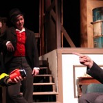 B med. re. photo 02.14.14 Mikey Wecht ’14 (left, Chorus Leader), Madison Donoho ’17 (center, Eisenring) and Jack Massion ’14 (Biedermann) in a scene from THE FIREBUGS. Costumes by Elaine Kauffman. Photo by Emily Salswedel, ’17