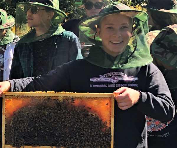 Student-Holding-a-Honey-Bee-Hive-Frame