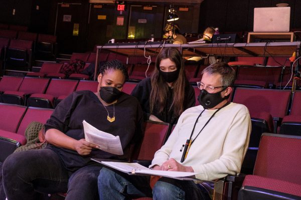 Director Dee Dee Batteast with Projection Designer Angela Mammel and Theatre Arts Professor Lanny Potts at the Festival Playhouse