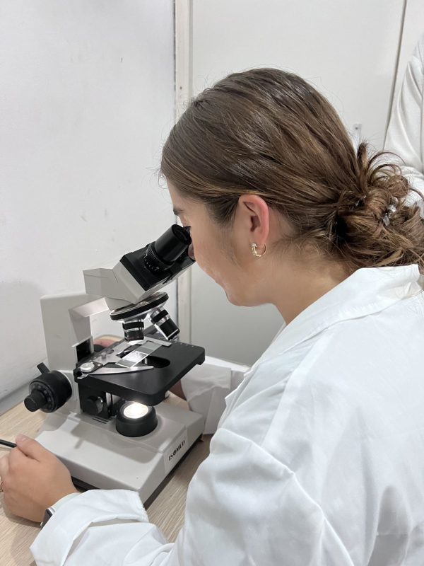 Rachel Kramer looking through a microscope