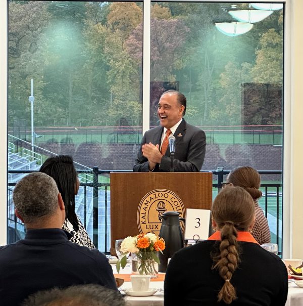 Kalamazoo College President Jorge G. Gonzalez speaks from a lecture at the 2023 annual Community Breakfast