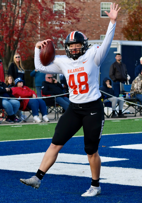 Kicker Madison Barch celebrates catching a two-point conversion that made college football history