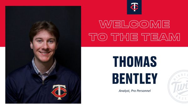 Minnesota Twins graphic says, "Welcome to the team, Thomas Bentley, analyst, baseball operations"