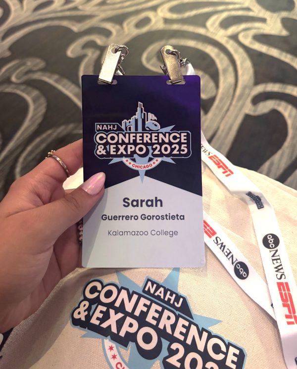 New York Times Corps member Sarah Guerrero Gorostieta holds her NAHJ conference name tag