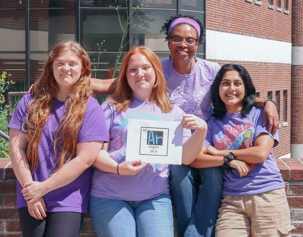 Emily Dalecki ’26, Morgan Paye ’26, Dorothy H. Heyl Professor of Chemistry Regina Stevens-Truss and Anoushka Soares ’26 worked together in the Stevens-Truss lab this summer