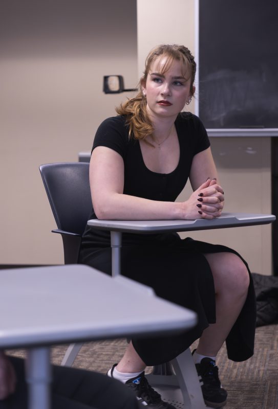 Libby McFarlen listens in the civil discourse an polarization class