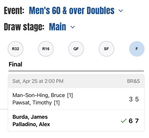 Image shows the final score of the 60-and-over tennis doubles finals