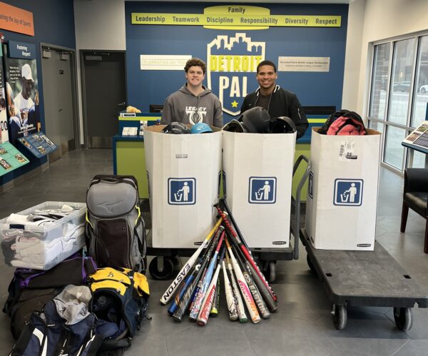 Nolan Jominy donated baseball equipment through the Detroit Police Athletic League