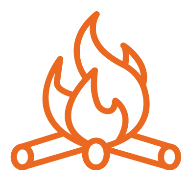 Simple orange graphic of a fire pit with stylized flames rising from a base of two crossed logs.