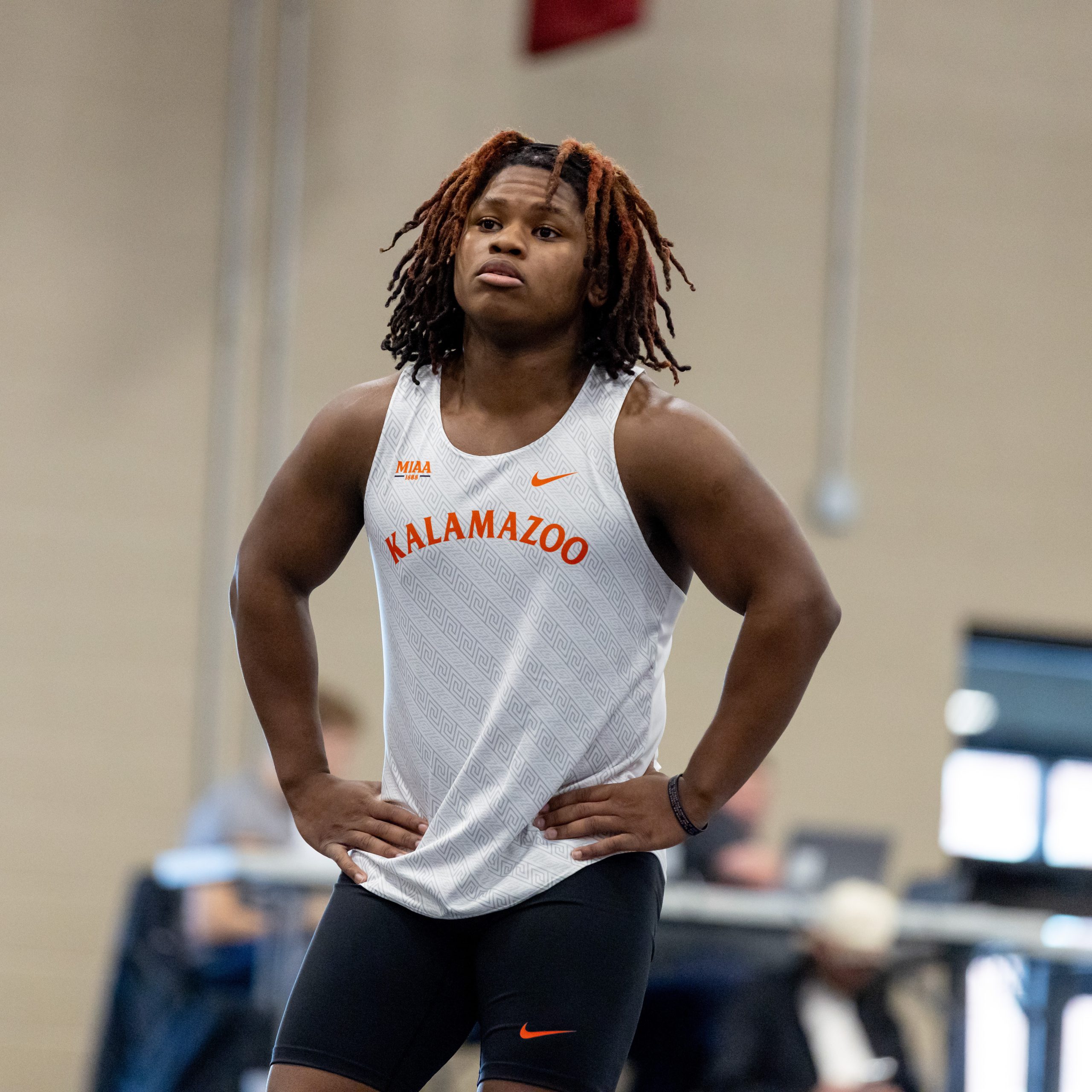 Student-athlete, Jaheim Jones, gets ready to compete for K's track & field team.