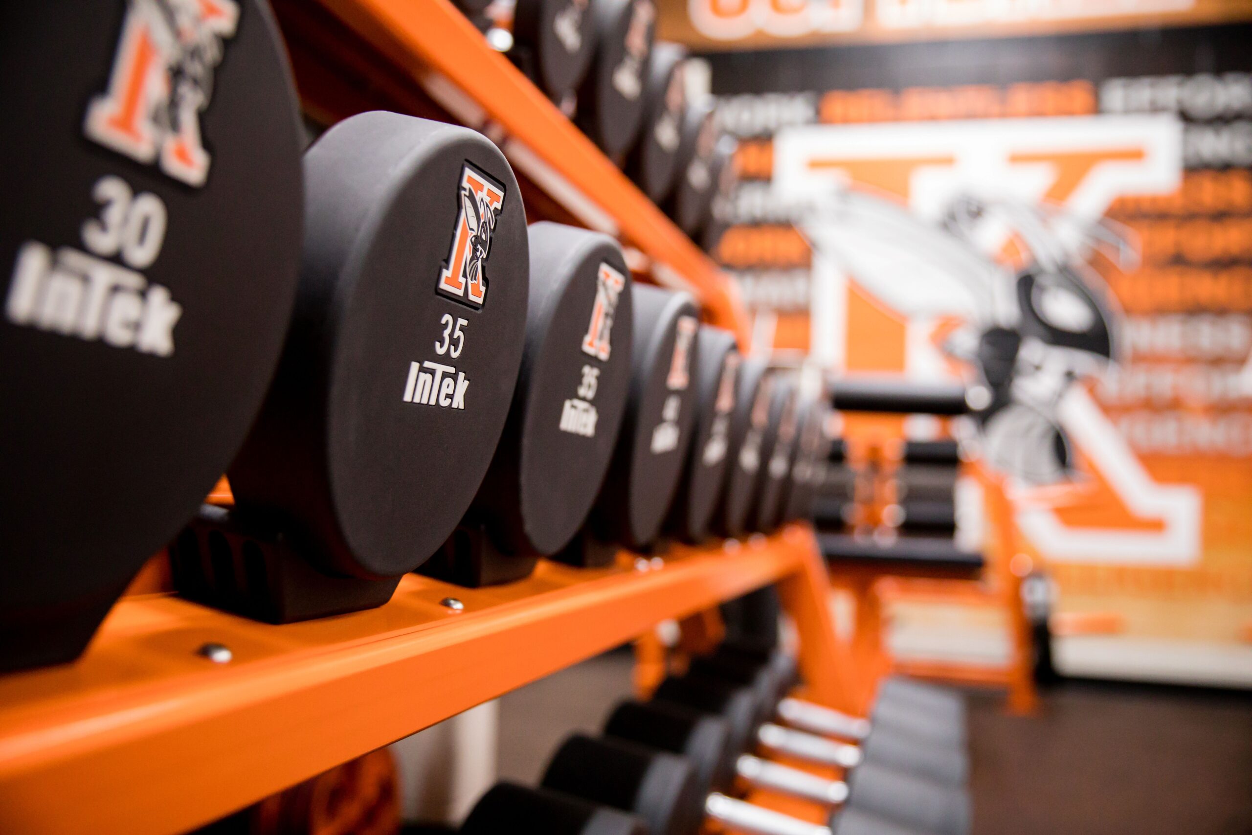 A row of weights lined up in the weight room.
