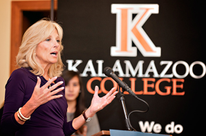 Jill Biden speaking at Kalamazoo College