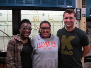 Lori-Ann Williams, Geneci Marroquin and Josh Abbott wearing goggles in a lab