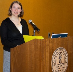 Jewish Student Organization President Claire De Witt at a podium