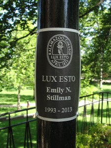 Plaque on the lamppost dedicated to Emily Stillman