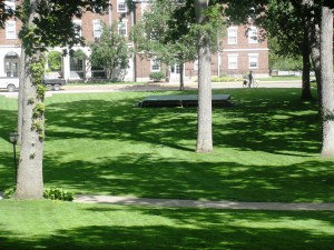 Commencement stage base sits at the bottom of the Kalamazoo College quad