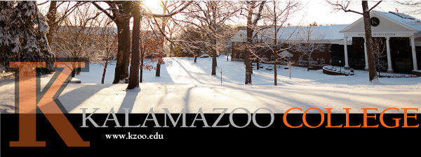 Kalamazoo College logo and workmark against a snowy quad