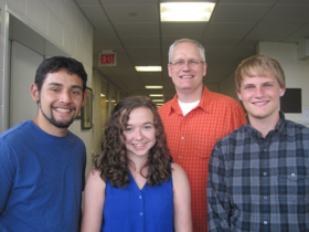 Professor of Chemistry and Kurt D. Kaufman Chair Jeff Bartz with some of his students in K's Dow Science Center