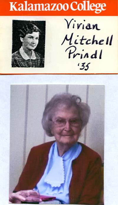 A class reunion nametag shows Vivian Mitchell Prindl's K photo from 1931