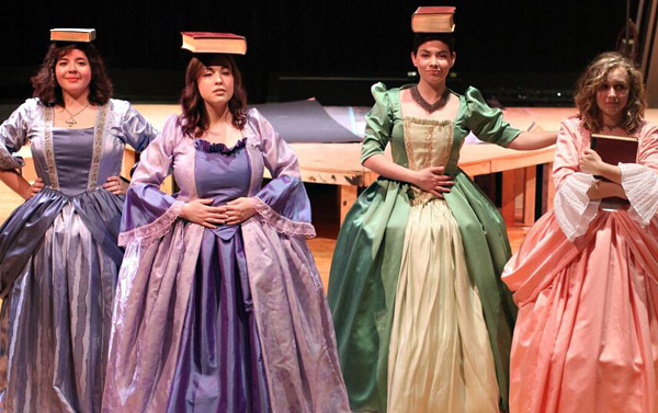 The cast of the Festival Playhouse production of Molière’s LEARNED LADIES includes Belinda McCauley ’16 (Bélise), Kellie Dugan ’17 (Armande), Madison Donoho ’17 (Philaminte), and Kate Kreiss ’19 (Henriette).