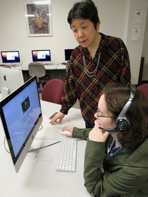 Oral History Researchers Noriko Sugimori (left) and senior Christa Scheck