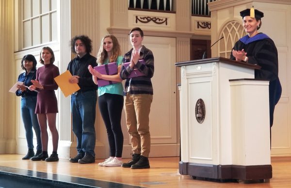 5 students and Provost on stage during Honors Day 2018 Convocation