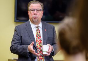 Bell’s founder Larry Bell talks with students