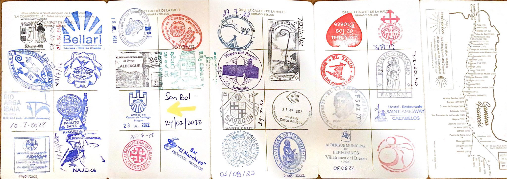 A series of stamps depicting stops along the Camino de Santiago