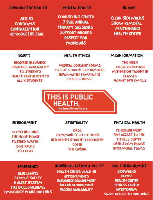'This is public health' graphic lists categories including reproductive health, mental health, injury, equity, health ethics, misinformation, environment, spirituality, physical health, emergency, individual action and policy and built environment