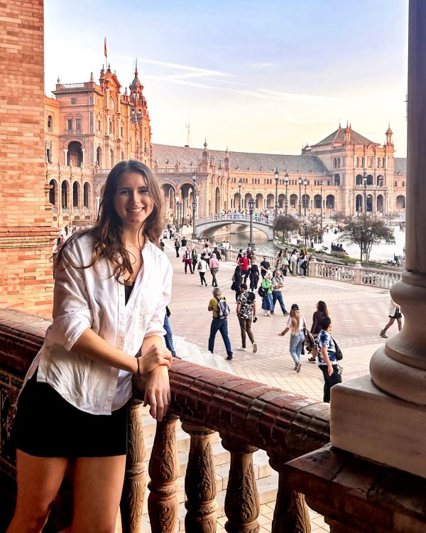 Bee hotel contest winner Annaliese Bol at the Plaza de España in Seville, Spain