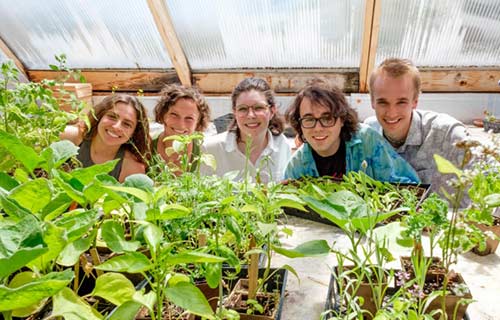 Students with plant starts in the hoop house