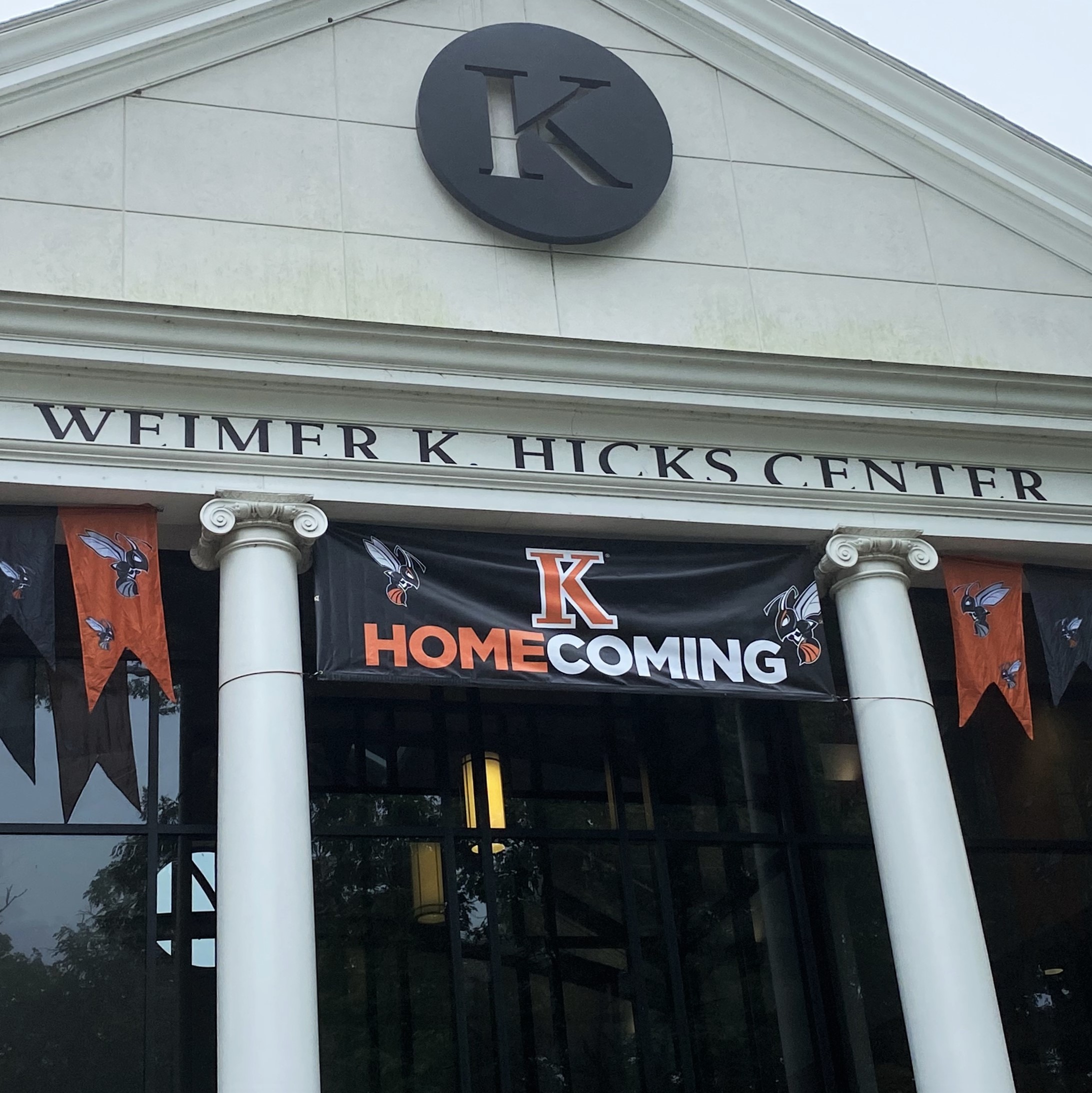 Hicks Student Center with Homecoming banner
