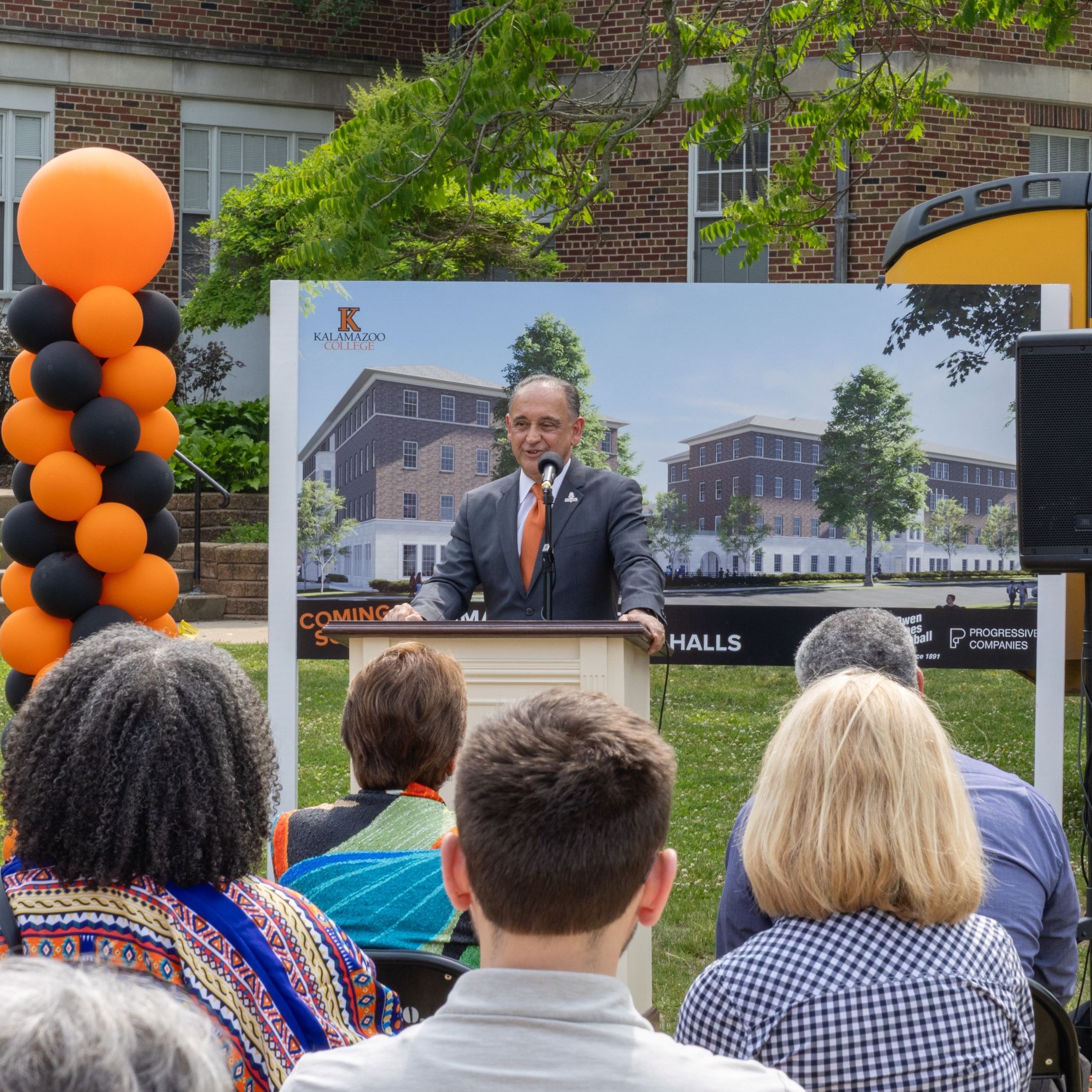 Kalamazoo College President Jorge G. Gonzalez speaks at a groundbreaking ceremony