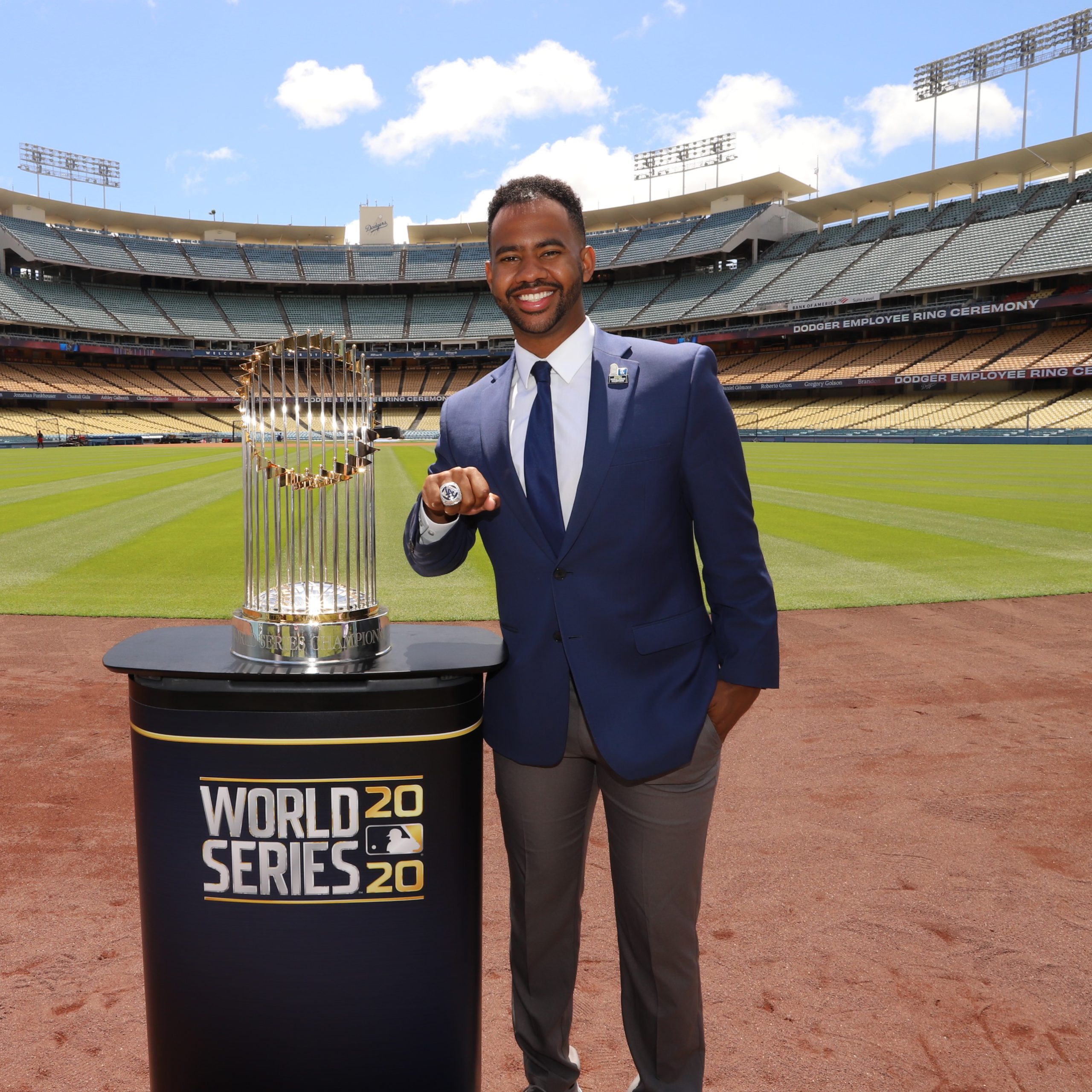 Jordan Wiley receiving a World Series ring with the Dodgers in 2020