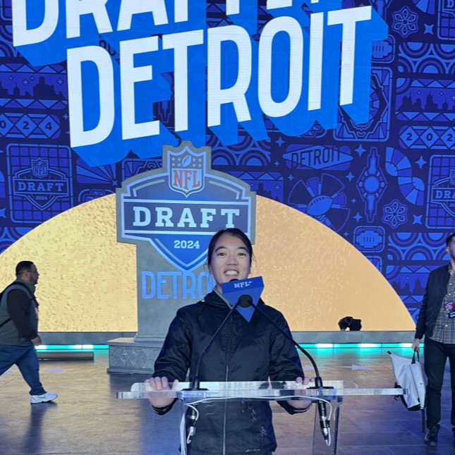 Amanda Moss stands at the 2024 NFL Draft podium