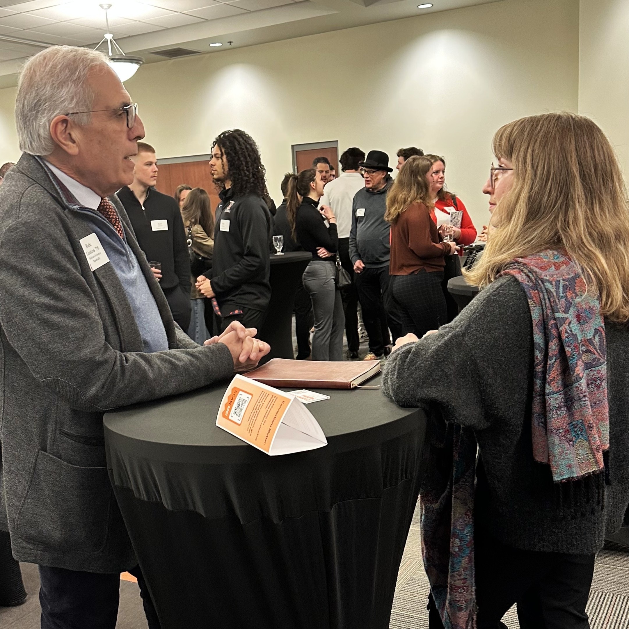 A student-athlete and alumnus connect during the Beyond the Game networking event